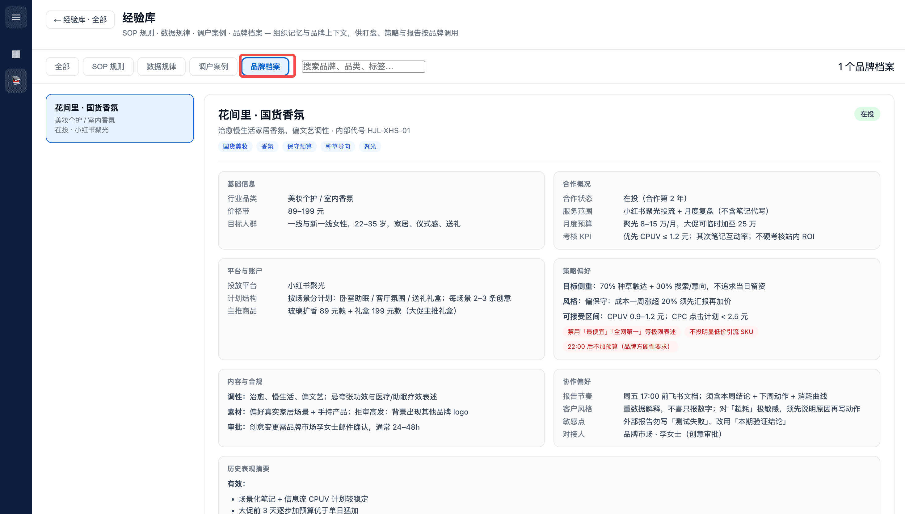 品牌档案中的预算红线、投放平台、策略偏好和协作要求